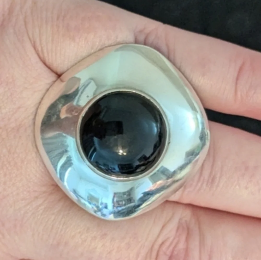 Large Statement Ring Onyx Sterling Unique Repurposed Upcycled Vintage Adjustable - Picture 9 of 10